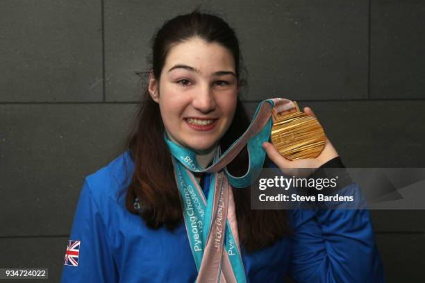 Medalist Menna Fitzpatrick poses with her Gold medal as Team ParalympicsGB arrive back from the PyeongChang 2018 Paralympic Winter Games at Heathrow...