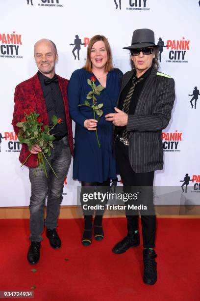 Corny Littmann, Katharina Fegebank and Udo Lindenberg during the opening of the 'Udo Lindenberg Experience - Panik City' on the Reeperbahn on March...