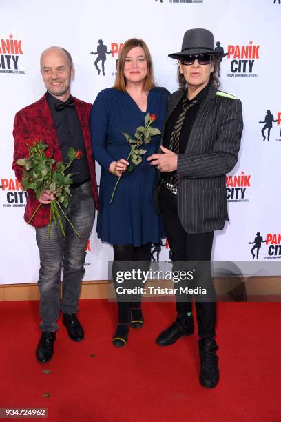 Corny Littmann, Katharina Fegebank and Udo Lindenberg during the opening of the 'Udo Lindenberg Experience - Panik City' on the Reeperbahn on March...