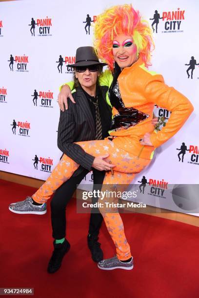 Udo Lindenberg and Olivia Jones during the opening of the 'Udo Lindenberg Experience - Panik City' on the Reeperbahn on March 19, 2018 in Hamburg,...