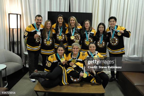 Members of the gold medal-winning U.S. Womens Hockey Team including Cayla Barnes, Kacey Bellamy, Brianna Decker, Meghan Duggan, Kali Flanagan, Megan...