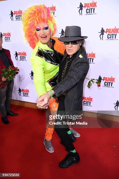 Udo Lindenberg and Olivia Jones during the opening of the 'Udo Lindenberg Experience - Panik City' on the Reeperbahn on March 19, 2018 in Hamburg,...