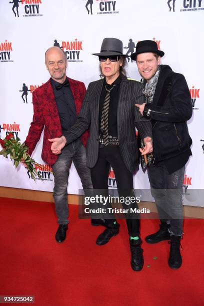 Corny Littmann, Udo Lindenberg and Johannes Oerding during the opening of the 'Udo Lindenberg Experience - Panik City' on the Reeperbahn on March 19,...