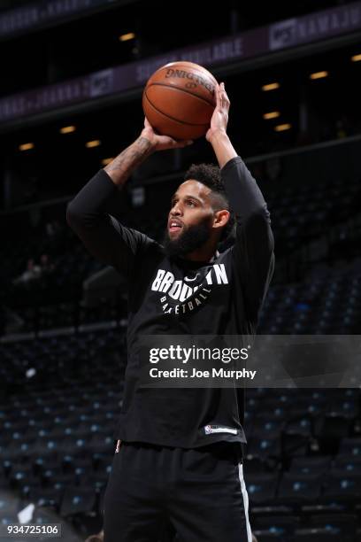 Allen Crabbe of the Brooklyn Nets warms up before the game against the Memphis Grizzlies on March 19, 2018 at Barclays Center in Brooklyn, New York....