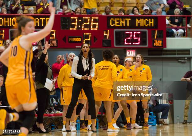 The Central Michigan Chippewas bench reacts during the second round of the Div I Women's Championship game between the Central Michigan Chippewas and...