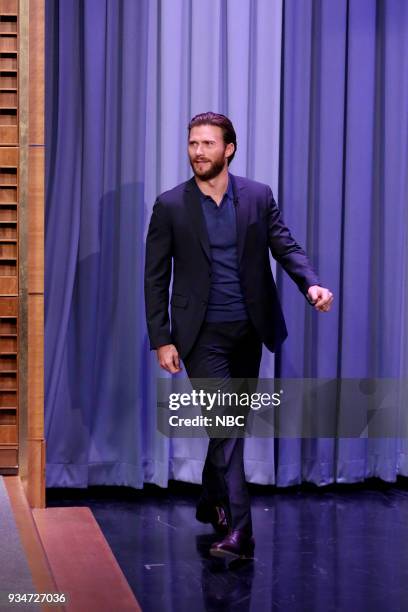 Episode 0836 -- Pictured: Actor Scott Eastwood arrives for an interview on March 19, 2018 --