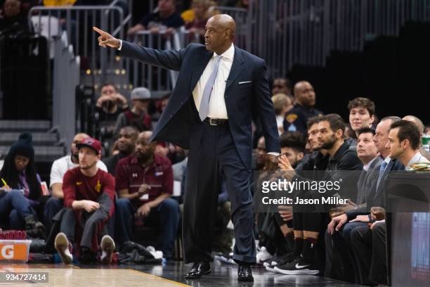 Interim head coach Larry Drew of the Cleveland Cavaliers yells to his team during the first half against the Milwaukee Bucks at Quicken Loans Arena...