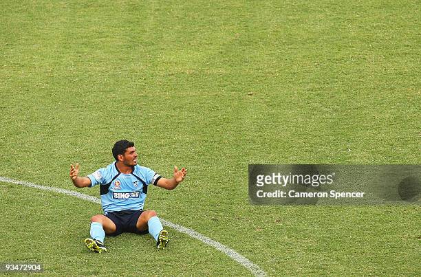 John Aloisi of Sydney FC reacts after being tackled during the round 16 A-League match between Sydney FC and the Newcastle Jets at Sydney Football...
