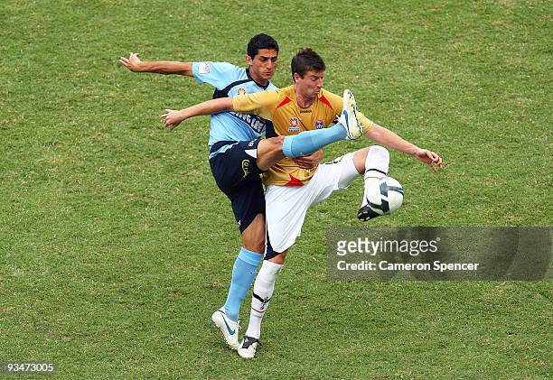 Simon Colosimo of Sydney FC and Michael Bridges of the Jets compete for the ball during the round 16 A-League match between Sydney FC and the...