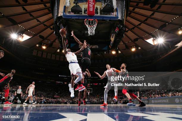 Emmanuel Mudiay of the New York Knicks goes to the basket against the Chicago Bulls on March 19, 2018 at Madison Square Garden in New York City, New...