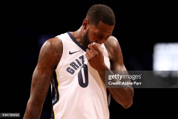 JaMychal Green of the Memphis Grizzlies reacts while heading to the bench in the first quarter against the Brooklyn Nets during their game at...