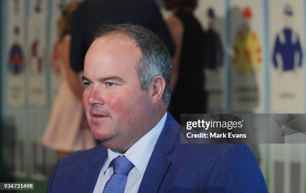 Trainer Brad Widdup looks on during the 2018 Golden Slipper Barrier Draw at Rosehill Gardens on March 20, 2018 in Sydney, Australia.