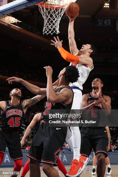 Enes Kanter of the New York Knicks goes to the basket against the Chicago Bulls on March 19, 2018 at Madison Square Garden in New York City, New...