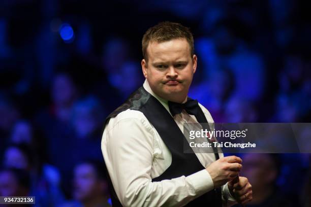 Shaun Murphy of England looks on during his first round match against Kyren Wilson of England on day one of 2018 Ladbrokes Players Championship at...