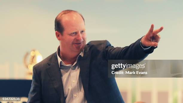 Trainer Gary Portelli gestures during the 2018 Golden Slipper Barrier Draw at Rosehill Gardens on March 20, 2018 in Sydney, Australia.