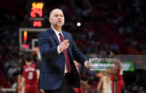 Michael Malone of the Denver Nuggets during the first half of the game against the Miami Heat at American Airlines Arena on March 19, 2018 in Miami,...
