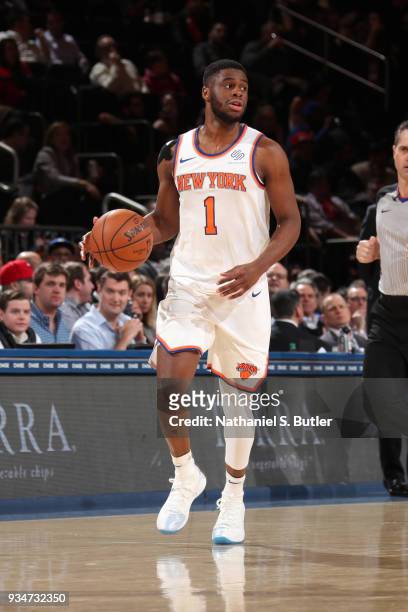 Emmanuel Mudiay of the New York Knicks handles the ball against the Chicago Bulls on March 19, 2018 at Madison Square Garden in New York City, New...