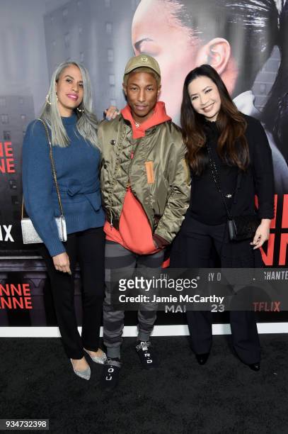 Mimi Valdes, Pharrell Williams and Nina Yang Bongiovi attend a special screening of the Netflix film "Roxanne Roxanne" at the SVA Theater on March...