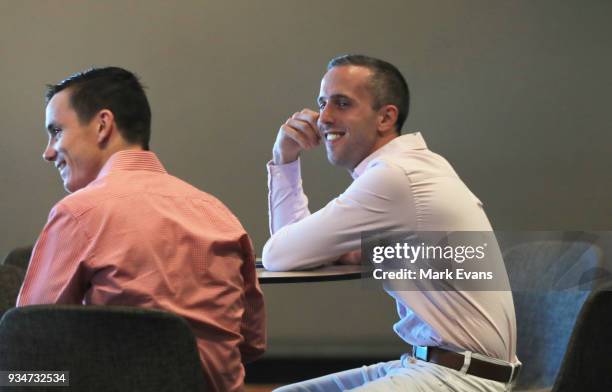 Jockey Brenton Avdulla smiles as his horse Estijaab is drawn in barrier 17 during the 2018 Golden Slipper Barrier Draw at Rosehill Gardens on March...