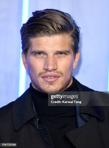 Toby Huntington-Whiteley attends the European Premiere of 'Ready Player One' at Vue West End on March 19, 2018 in London, England.