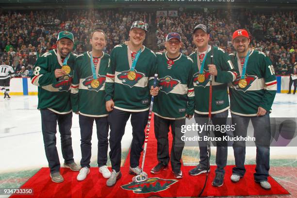 John Landsteiner, Tyler George, Matt Hamilton, Phill Drobnick, John Shuster and Joe Polo of the gold medal winning 2018 U.S. Men's Olympic Curling...