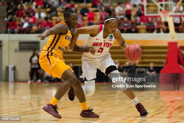 Ohio State Buckeyes guard Kelsey Mitchell dribbles the ball past Central Michigan Chippewas guard Micaela Kelly during the second round of the Div I...