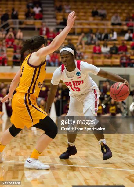 Ohio State Buckeyes guard Linnae Harper prepares to drive into the lane during the second round of the Div I Women's Championship game between the...