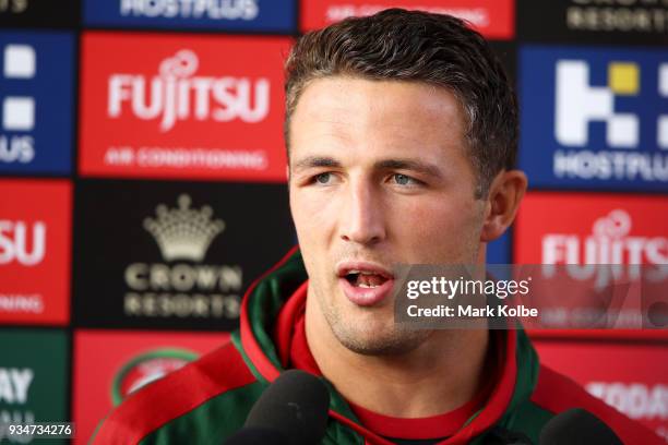 Sam Burgess speaks to the media before a South Sydney Rabbitohs NRL Training Session at Redfern Oval on March 20, 2018 in Sydney, Australia.