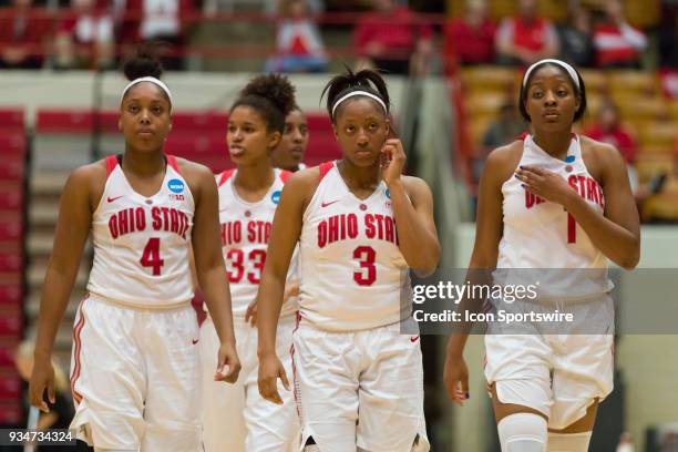 Ohio State Buckeyes guard/forward Sierra Calhoun , Ohio State Buckeyes guard Jensen Caretti , Ohio State Buckeyes guard Kelsey Mitchell and Ohio...