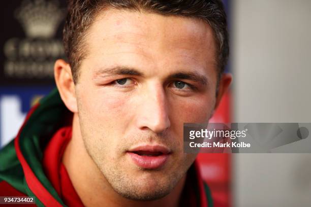 Sam Burgess speaks to the media before a South Sydney Rabbitohs NRL Training Session at Redfern Oval on March 20, 2018 in Sydney, Australia.