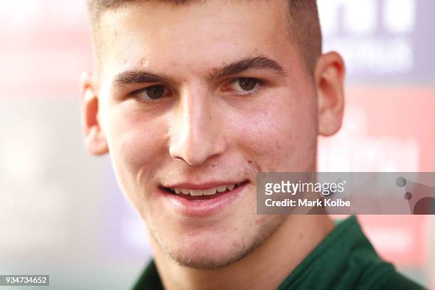 Adam Doueihi speaks to the media before a South Sydney Rabbitohs NRL Training Session at Redfern Oval on March 20, 2018 in Sydney, Australia.