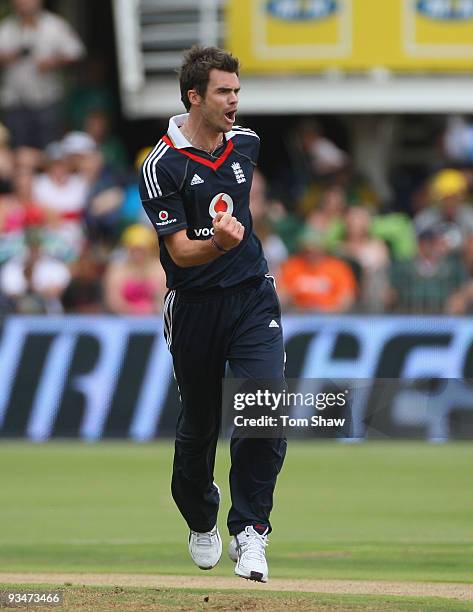 James Anderson of England celebrates taking the wicket of Hashim Amla of South Africa during the 4th One Day International match between South Africa...