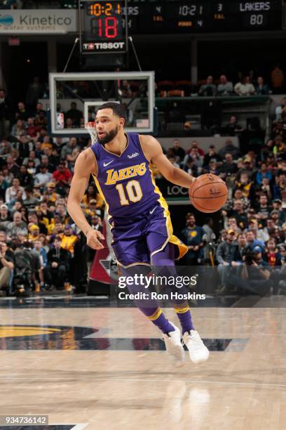 Tyler Ennis of the Los Angeles Lakers handles the ball against the Indiana Pacers on March 19, 2018 at Bankers Life Fieldhouse in Indianapolis,...