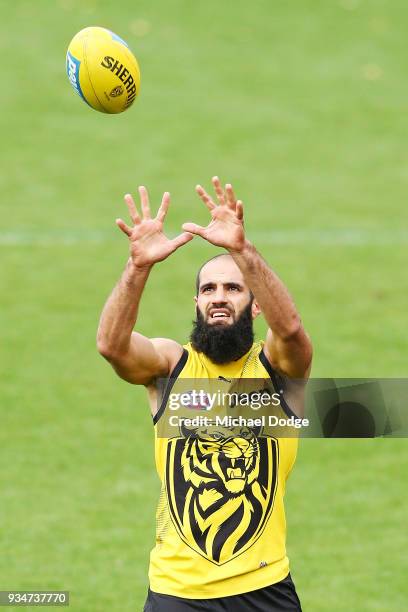 Bachar Houli marks the ball during a Richmond Tigers AFL training session at Punt Road Oval on March 20, 2018 in Melbourne, Australia.