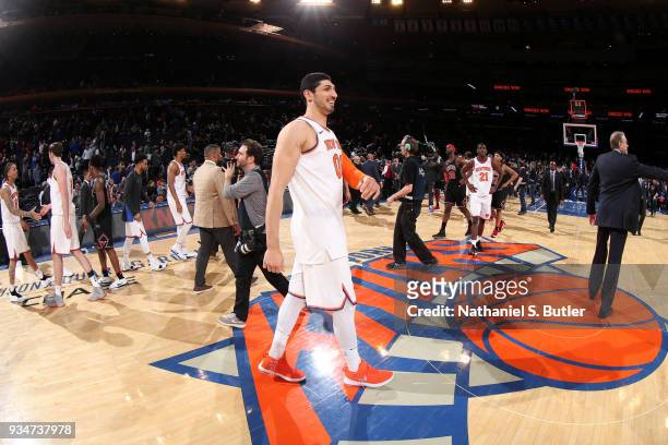 Enes Kanter of the New York Knicks after the game against the Chicago Bulls on March 19, 2018 at Madison Square Garden in New York City, New York....