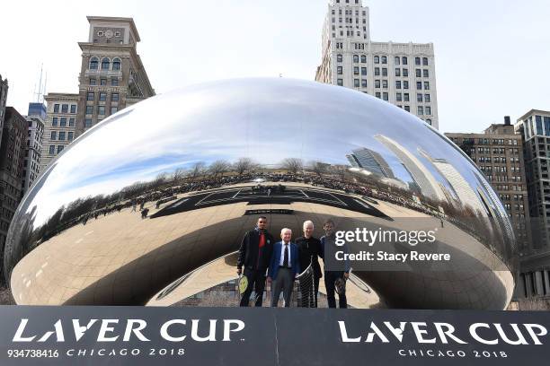 Nick Kyrgios of Australia, Rod Laver, John McEnroe and Roger Federer of Switzerland pose at Cloud Gate before the Laver Cup 2018 Chicago Launch on...