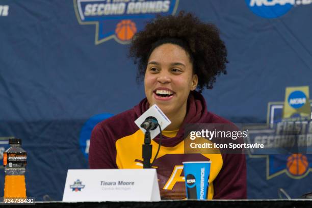 Central Michigan Chippewas forward Tinara Moore speaks during the press conference after the second round of the Div I Women's Championship game...