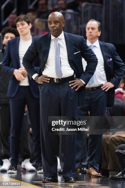 Interim head coach Larry Drew of the Cleveland Cavaliers watches from the sidelines during the second half against the Milwaukee Bucks at Quicken...