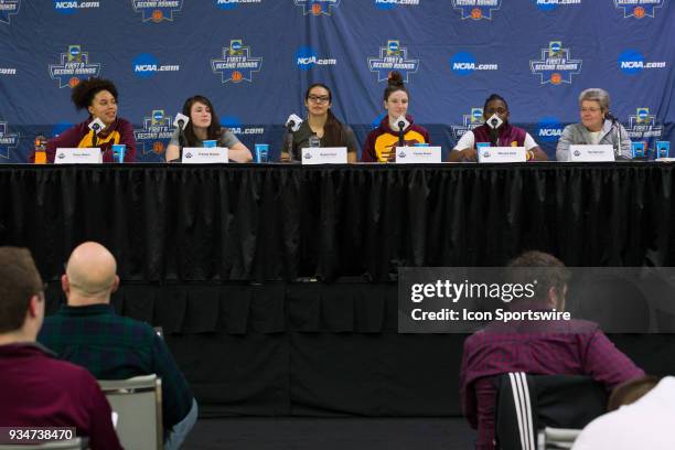 Central Michigan Chippewas teammates Tinara Moore, Presley Hudson, Reyna Frost, Cassie Breen, Micaela Kelly and head coach Sue Guevara take questions...