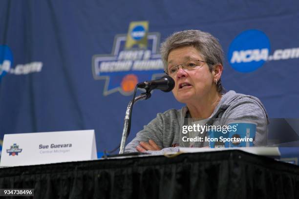 Central Michigan Chippewas head coach Sue Guevara speaks during the press conference after the second round of the Div I Women's Championship game...