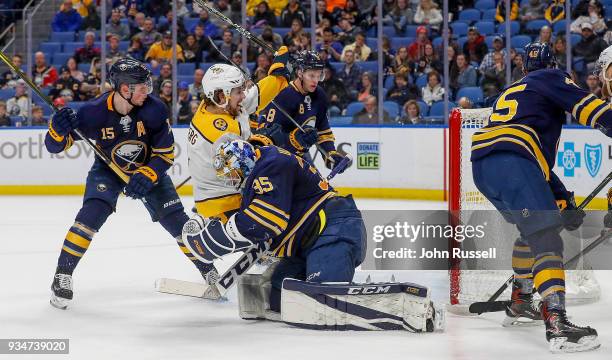 Filip Forsberg of the Nashville Predators scores against Linus Ullmark of the Buffalo Sabres during an NHL game at KeyBank Center on March 19, 2018...