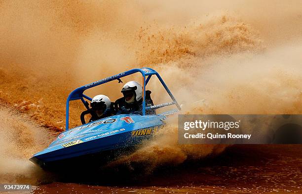 Duncan Wilson and Jaimee-Lee Lupton of New Zealand compete in their boat Lethal Injection during the 2009 World Jetsprint Championships at the Melton...