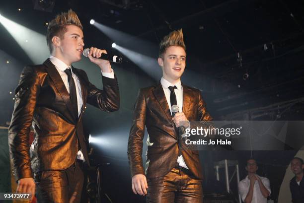 Factor finalists, John Grimes and Edward Grimes aka Jedward perform live on stage at G-A-Y on November 28, 2009 in London, England.