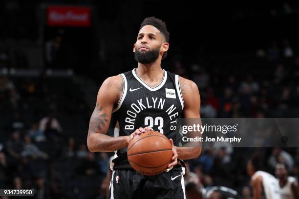 Allen Crabbe of the Brooklyn Nets shoots a free throw against the Memphis Grizzlies on March 19, 2018 at Barclays Center in Brooklyn, New York. NOTE...