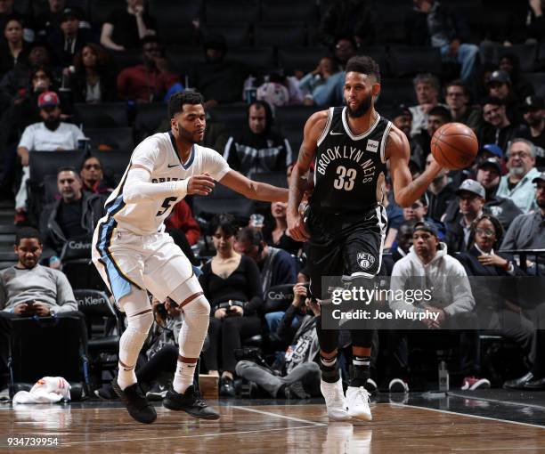 Allen Crabbe of the Brooklyn Nets passes the ball against the Memphis Grizzlies on March 19, 2018 at Barclays Center in Brooklyn, New York. NOTE TO...