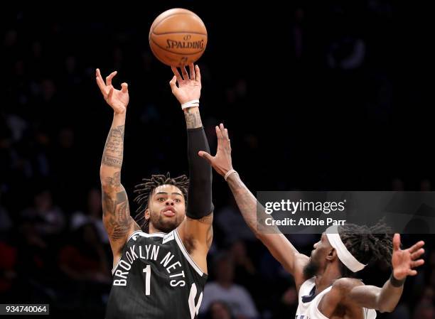 Angelo Russell of the Brooklyn Nets takes a shot against Briante Weber of the Memphis Grizzlies in the fourth quarter during their game at Barclays...