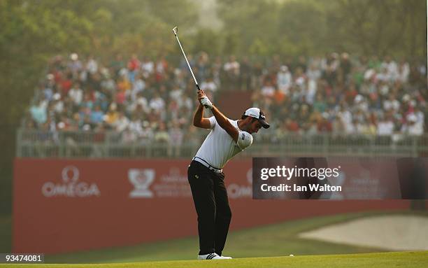 Edoardo Molinari of Italy in action during the Foursome's on the second day of the Omega Mission Hills World Cup on the Olazabal course on November...