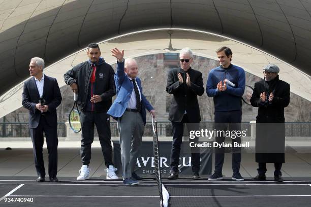 Rod Laver is introduced during the Laver Cup 2018 Chicago Launch at Cloud Gate on March 19, 2018 in Chicago, Illinois.