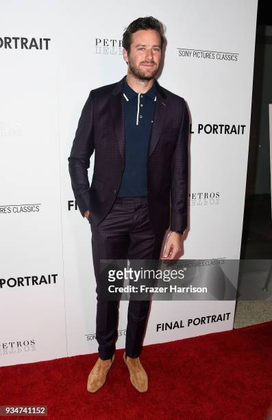 Armie Hammer attends the premiere of Sony Pictures Classics' "Final Portrait" at Pacific Design Center on March 19, 2018 in West Hollywood,...