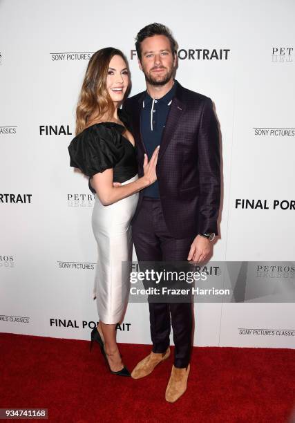 Elizabeth Chambers and Armie Hammer attend the premiere of Sony Pictures Classics' "Final Portrait" at Pacific Design Center on March 19, 2018 in...